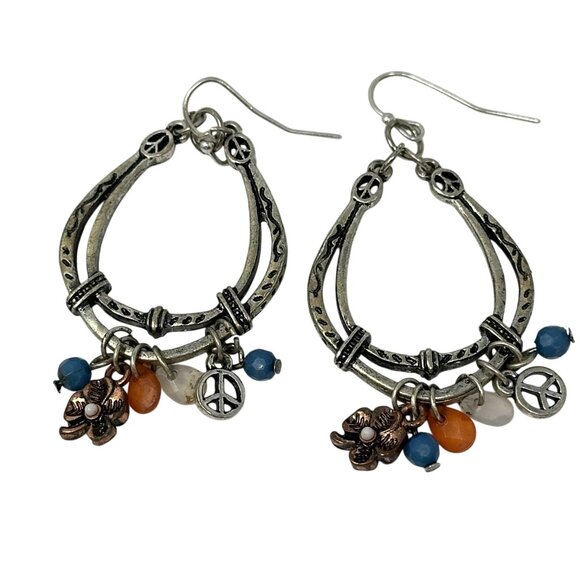 Horseshoe Dangle Charm Earrings Peace Symbol Flower Hook Boho Southwestern - Picture 1 of 4